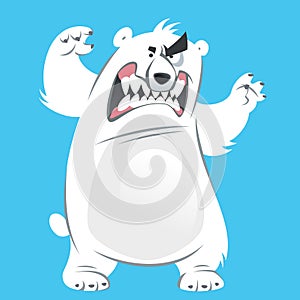 Angry and funny cartoon white polar bear making attacking gesture