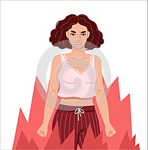 Angry furious irritated woman clenching fists, on the verge of psychological breakdown, surrounded by fire. Hand drawn
