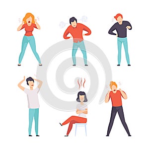 Angry and Furious People Characters Shouting and Steaming Vector Set