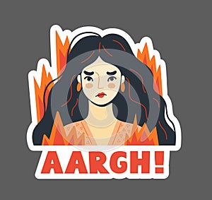Angry furious woman with wild hair on fire exclaims aargh. Stressed irritated girl.