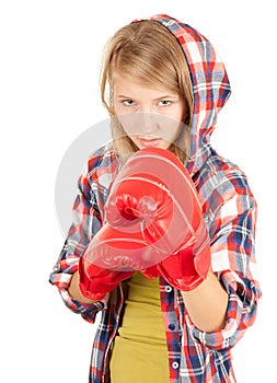 Angry girl in boxing gloves
