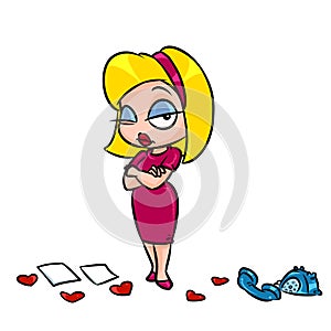 Angry girl enamored love broken heart cartoon illustration