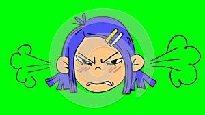 Angry girl face with steam from ears in cartoon style. Isolated on green screen illustration