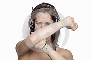 Angry girl listening to music