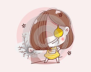 Angry girl punch the wall and vector character design