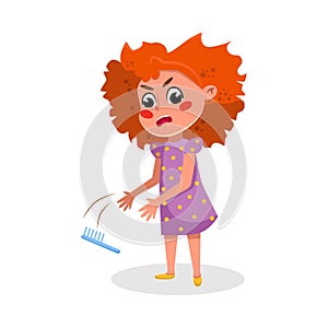 Angry Girl Throwing Comb ot Wanting o Comb Her Hair, Cute Boy Drawing on Wall, Naughty Hoodlum Kid Character Cartoon