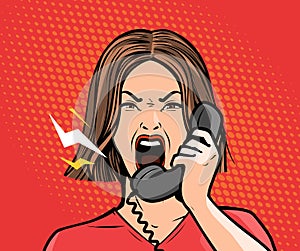 Angry girl or young woman screaming into the phone. Pop art retro comic style. Cartoon vector illustration