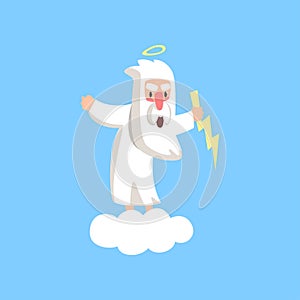 Angry god character standing on fluffy white cloud with halo over his head and lightning in the hand. Flat vector