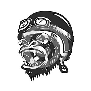 Angry gorilla ape in racer helmet. Design element for logo, label,