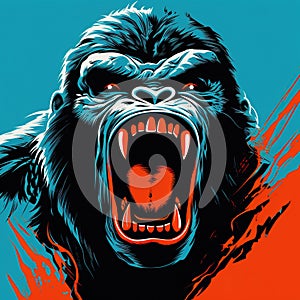 Angry gorilla art printing on black background. Wild Animals. Mammals.