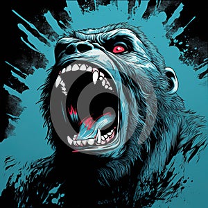 Angry gorilla art printing on black background. Wild Animals. Mammals.