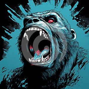 Angry gorilla art printing on black background. Wild Animals. Mammals. photo