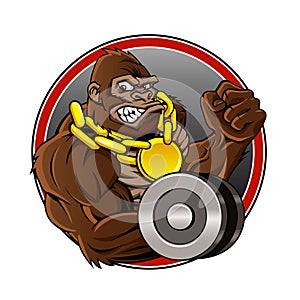 Angry gorilla with dumbbell and gold chain