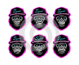 Angry gorilla head in the baseball cap on a dark background. Vector illustration.