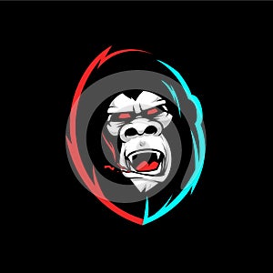 Angry gorilla mascot esport emblem logo with glitch color. Illustration of gorilla facial expression
