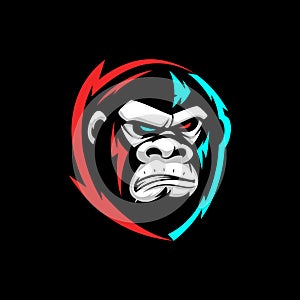 Angry gorilla mascot esport emblem logo with glitch color. Illustration of gorilla facial expression