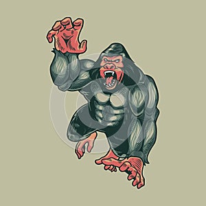 Angry gorilla monkey. Animals primates beast mystic isolated on grey background. Kong mascot logo design vector with modern