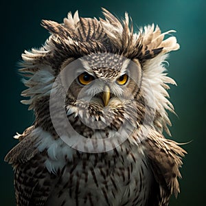 An angry gray Owl with a shaggy head and feathers sticking out of it stares ahead. Ruffled and shaggy owl, generated AI