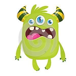 Angry green cartoon monster with horns an three eyes. Big collection of cute monsters. Halloween character. Vector illustrations