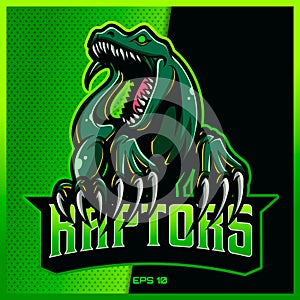 Angry Green Raptors Roar esport and sport mascot logo design in modern illustration concept for team badge, emblem and thirst