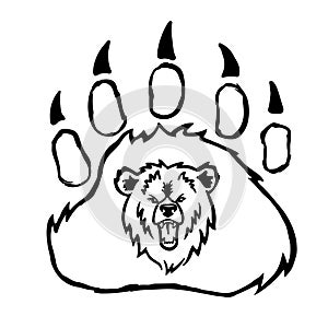 Angry grizzly bear growls and shows teeth. Black logo with big wild bear in paw.Vector illustration is isolated on white