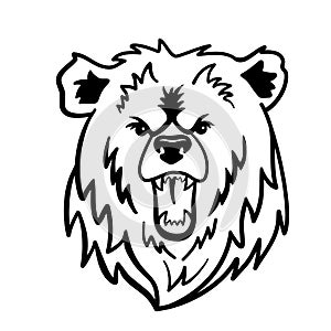 Angry grizzly bear growls and shows teeth. Black logo with big wild bear.Vector illustration is isolated on white.