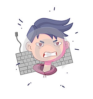 Angry guy with blue hair with keyboard on background.