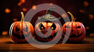 Angry Halloween pumpkins on scary background.