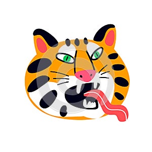 Angry hand drawn orange striped tiger muzzle with open mouth tongue vector flat illustration