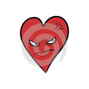 Angry heart cartoon, cartoon of a heart with an angry face and filled with hate.