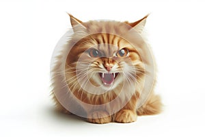 angry hissing ginger cat isolated on plain white background. ai generative