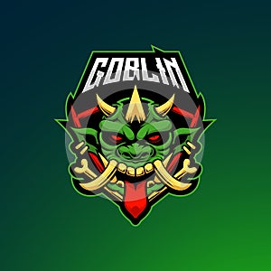 Angry horned goblin esport mascot emblem logo with editable team name. Scary goblin face vector illustration