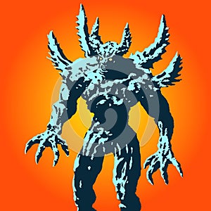 Angry horned monster with spikes stands ready to attack. Vector illustration.