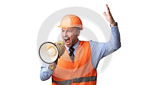 Angry Housebuilder Shouting In Megaphone Standing Over White Background, Panorama