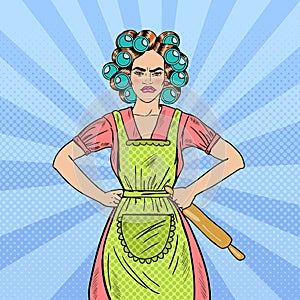 Angry Housewife Pop Art Woman Holding Rolling Pin