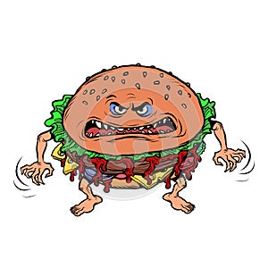 Angry hungry burger character. Emotional fast food. isolate on white background