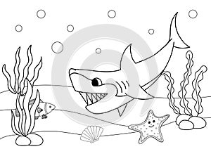 Angry hungry cartoon shark. Coloring book or page for kids. Sea life