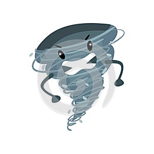 Angry hurricane character. Gray tornado with little hands and mad face. Cartoon weather emoji. Flat vector element for