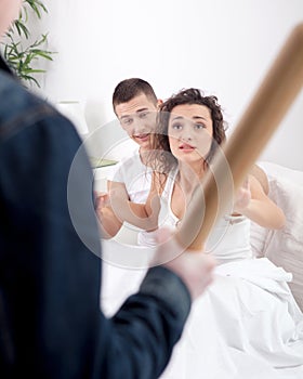 Angry husband with baseball bat caught cheating wife with lover