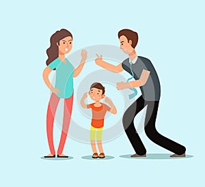 Angry husband and wife swear in presence of unhappy scared kid. Family conflict vector cartoon concept