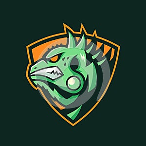 Iguana mascot on the shield sport logo design photo