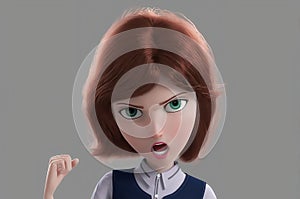 Angry and indignant young cartoon 3d woman with big green eyes threatens with a fist 0087