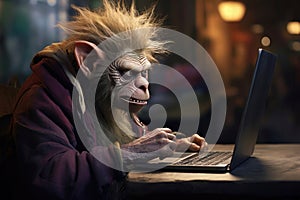 angry internet troll sitting at the table and typing on laptop