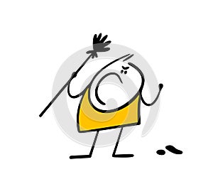 Angry janitor waves a broom and menacingly yells at the hooligans. Vector illustration of stickman the janitor saw