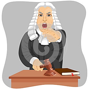 Angry judge yelling and pointing his finger at someone knocking gavel