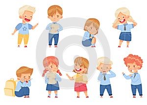 Angry Kids Bullying and Abusing the Weak Agemate Teasing and Laughing at Them Vector Set photo