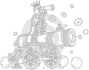 Angry king with a spyglass on his huge cannon