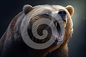 angry large male grizzly bear close up front view against dark background - Generative AI