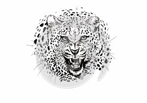 Angry leopard muzzle, black and white sketch photo