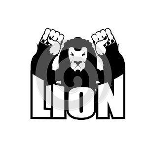 Angry lion. Aggressive wild beast. Logo big leo. Evil wild animal. Emblemo for sports team photo